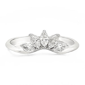 Front view of Marquise five-stone curved band showing five marquise diamonds in fan set on white gold