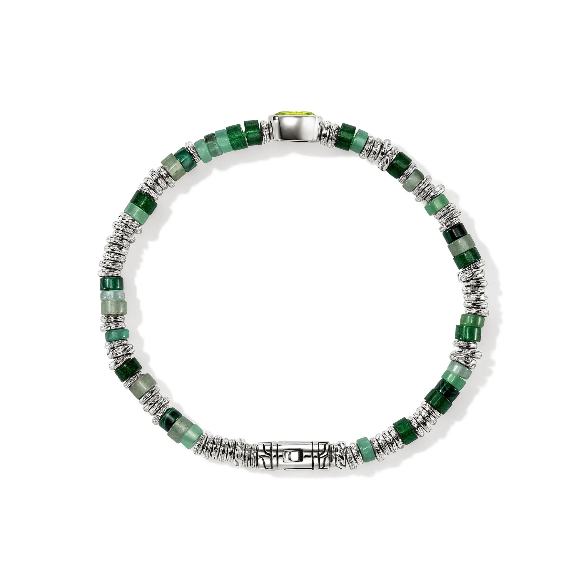 A beaded stretch bracelet featuring green and light green gemstone beads alternating with textured silver spacer beads, completed by a polished silver clasp on a white background.