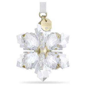crystal snow flake ornament with gold tone plated tag with 2026 on a white background