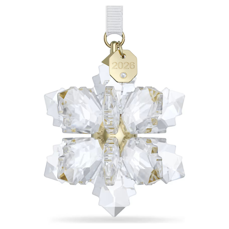 crystal snow flake ornament with gold tone plated tag with 2026 on a white background