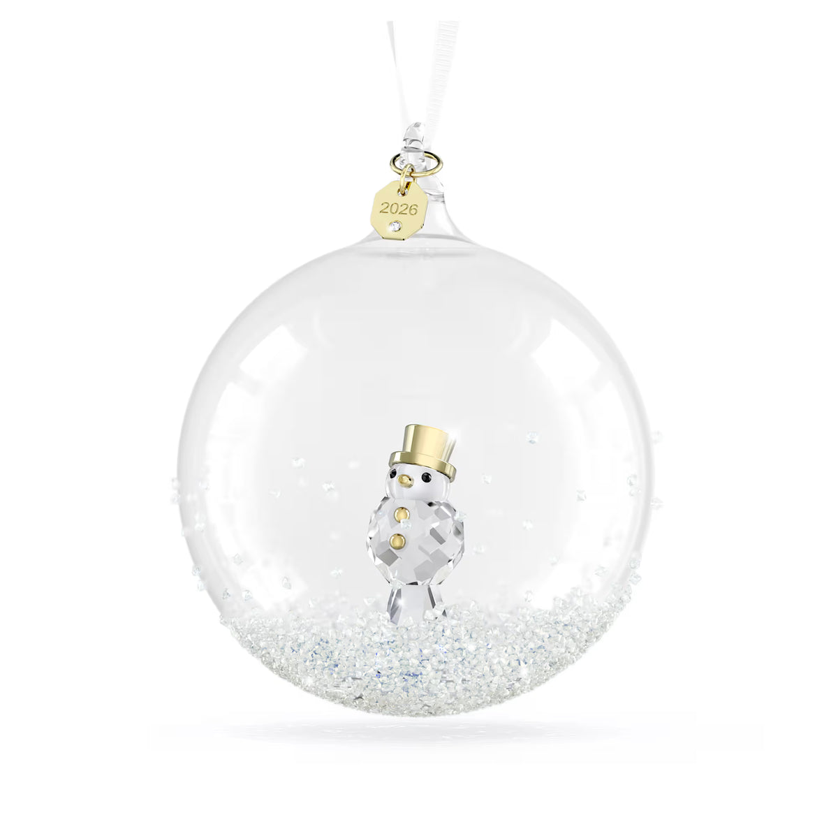 glass ball ornament with crystals and  with 2026 engraved on a gold tone plated tag with white ribbon on a white background