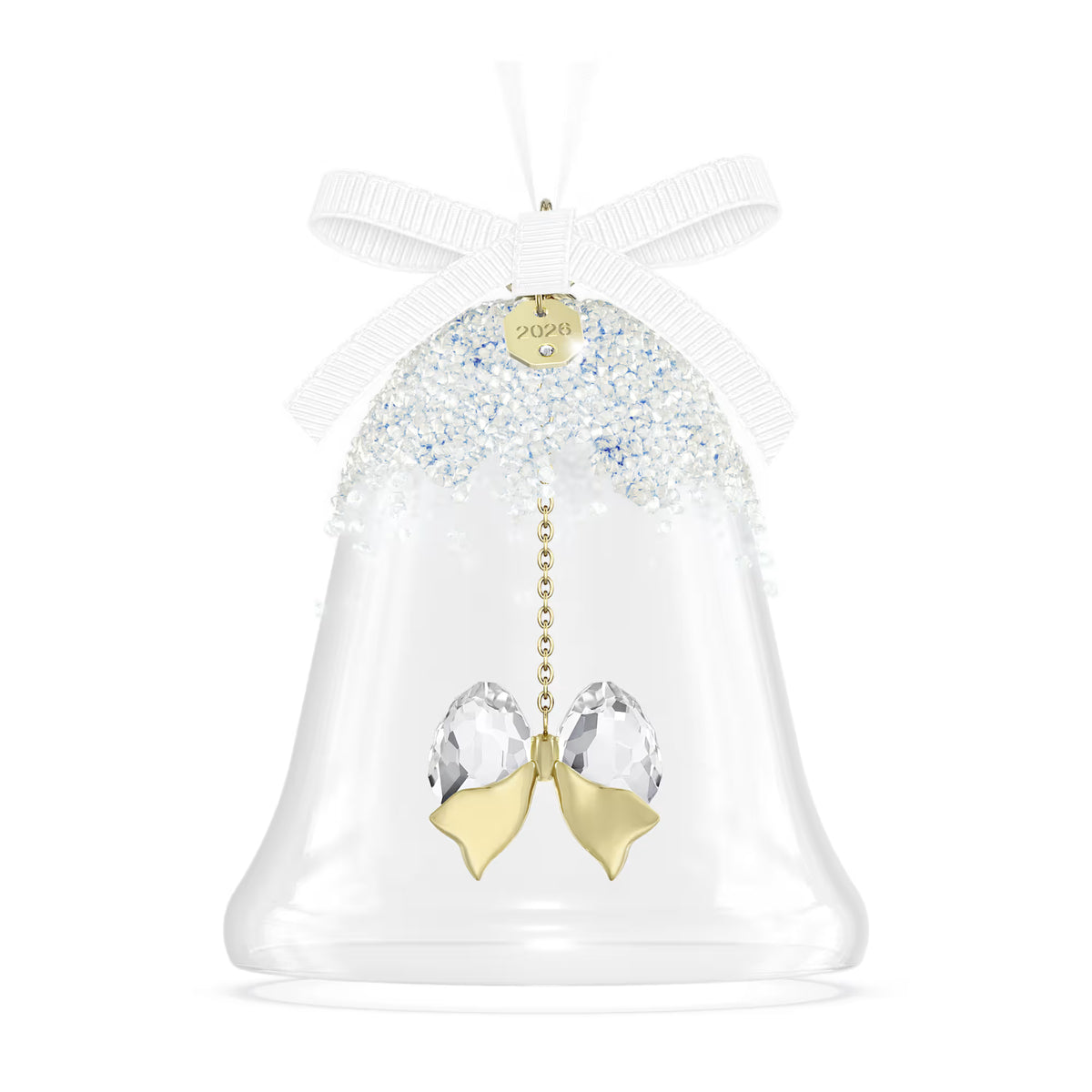 glass bell with crystals with gold tone finishes and plated tag with 2026 engraved