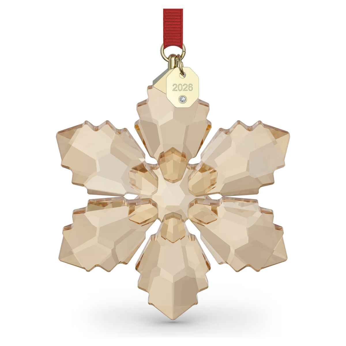 2026 annual edition festive ornament in a champagne color with red ribbon
