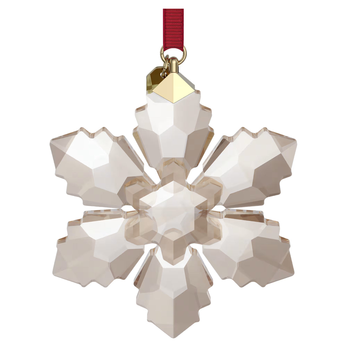 back of 2026 annual edition festive ornament in a champagne color with red ribbon