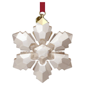 back of 2026 annual edition festive ornament in a champagne color with red ribbon