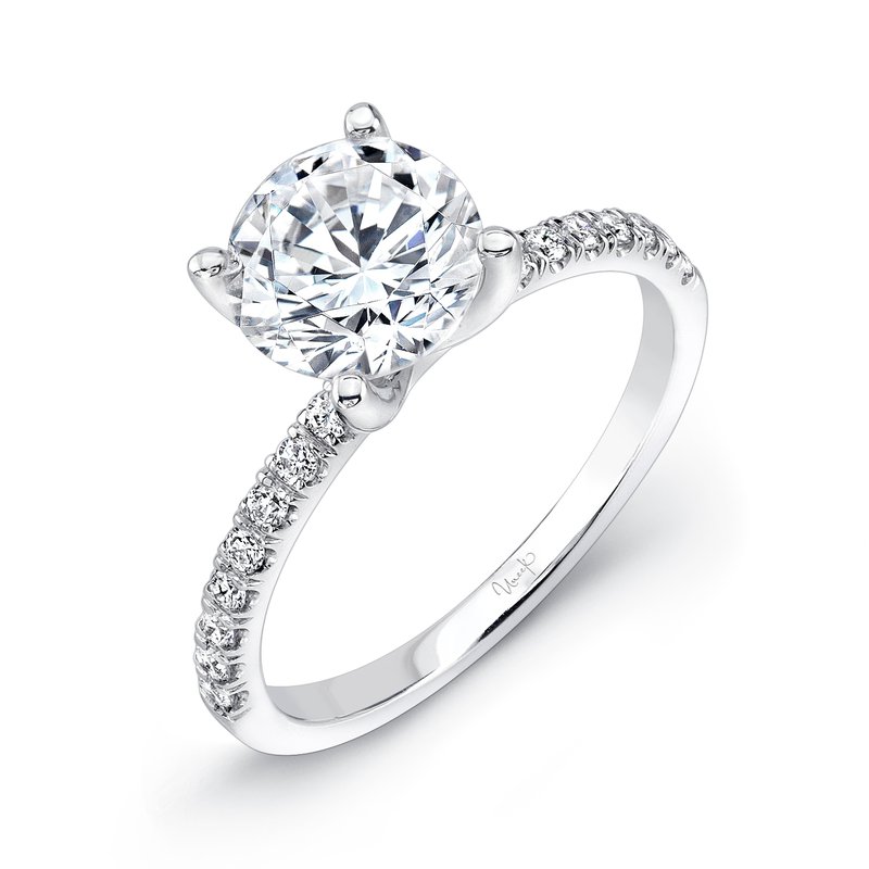 White-gold solitaire engagement ring with round brilliant center diamond and pavé-set diamonds along the band
