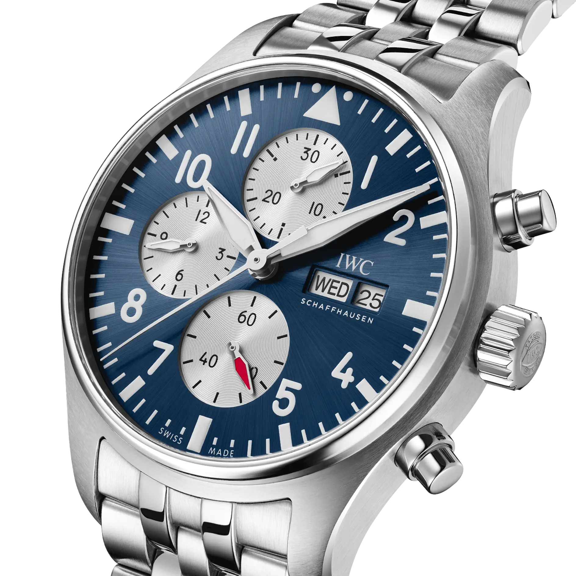 Silver watch with a blue dial on a white background