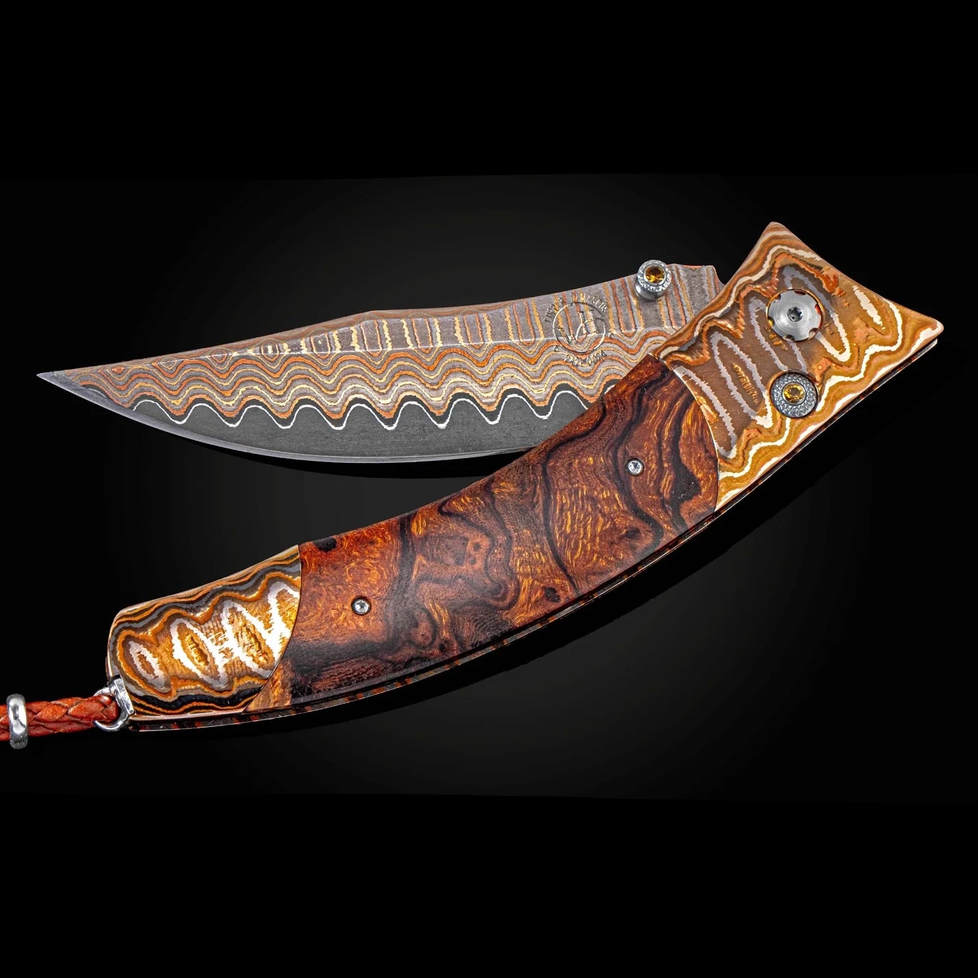 A Damascus steel folding pocket knife with a wavy patterned blade and a carved wooden handle, displayed open against a black background.
