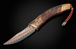 A folding pocket knife with a Damascus steel blade and a highly patterned wood and bone handle, shown against a dark gradient background.