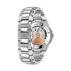 IWC stainless-steel Ingenieur watch back with visible movement; rim text 2345678, 10 BAR, INTERNATIONAL, MADE IN SWITZERLAND