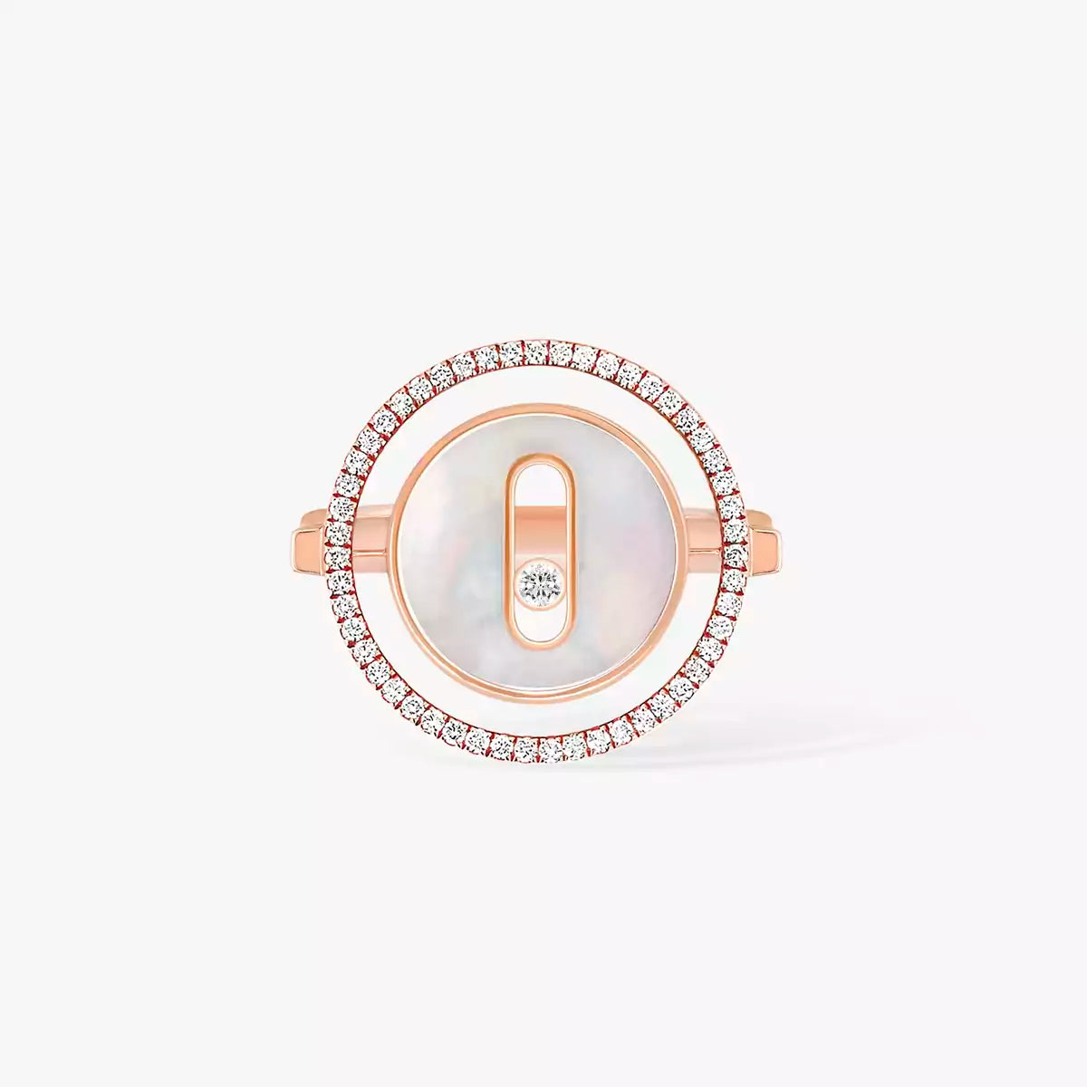 Rose gold ring with a central gemstone on a white background