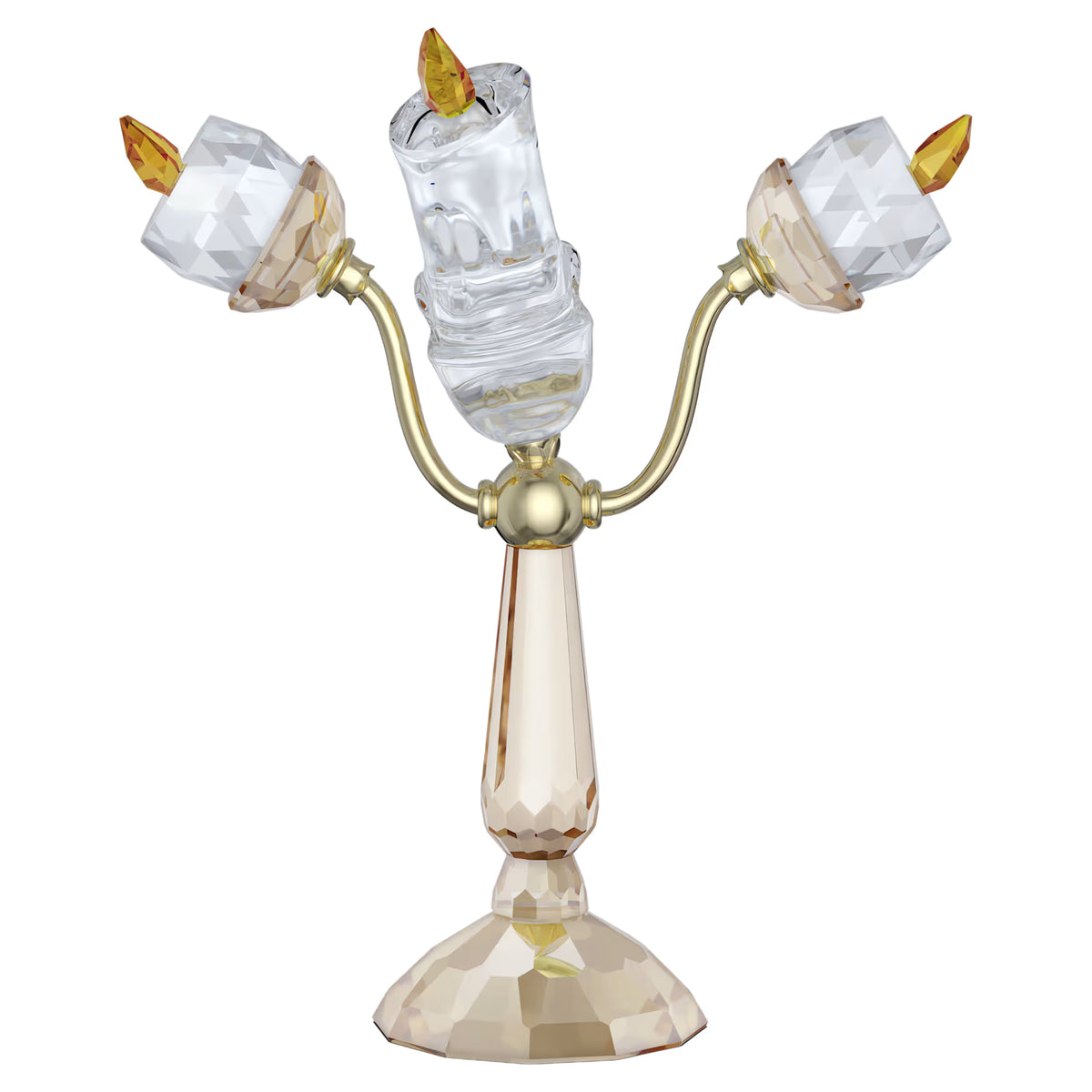 Back of Lumière candle with gold tone finishes with clear and champagne colored crystals on a white background