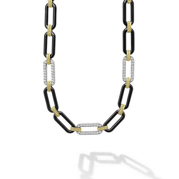 18K Gold and Black Ceramic Three Diamond Station Link Necklace