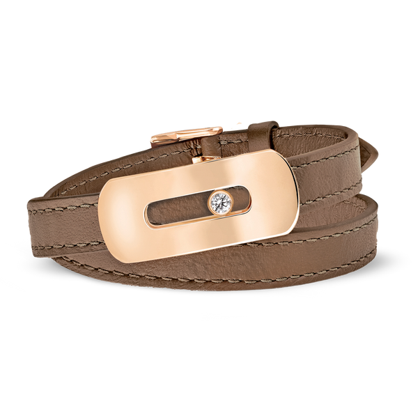 Chocolate My Move calfskin strap & 18K yellow gold 0.08ctw My Move Motif Charm