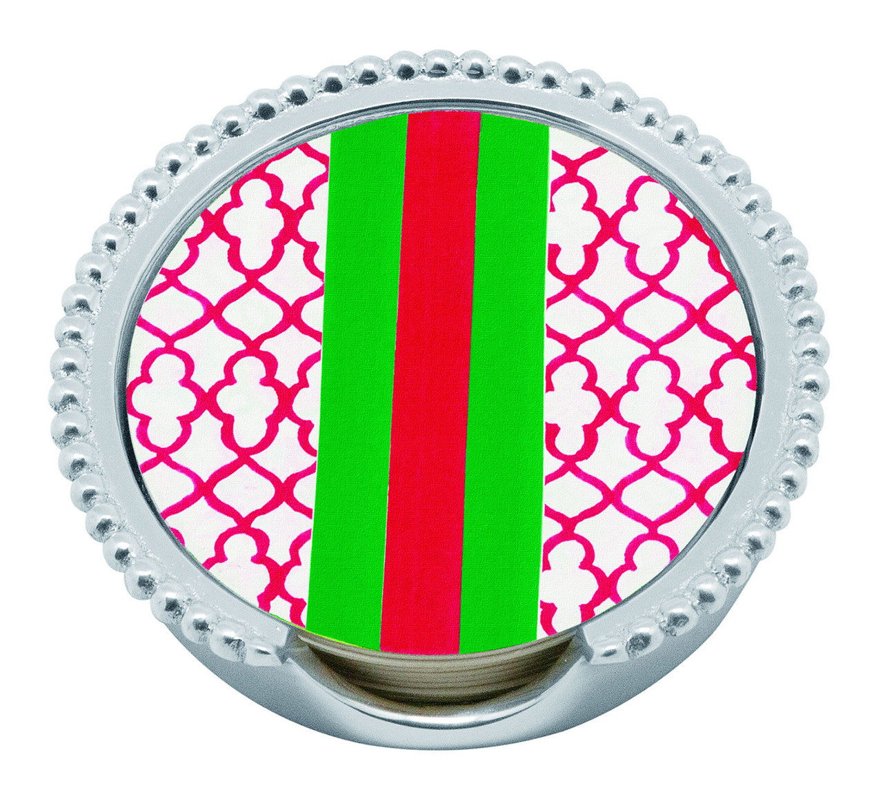 Round silver-beaded coaster with pink trellis pattern and central red and green vertical stripes