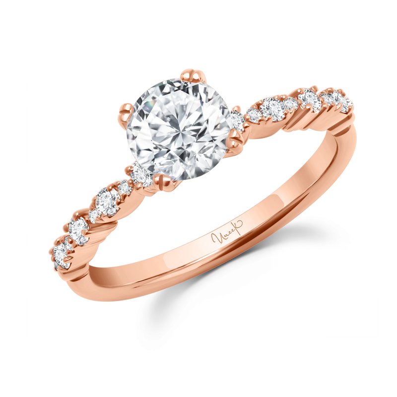 Rose gold engagement ring with round center diamond and twisted pavé band, 0.20 ctw