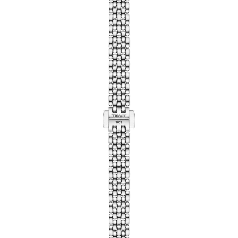 Silver watch strap with Tissot logo on a white background