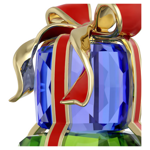 Faceted blue gem gift ornament with red-and-gold ribbon and green base