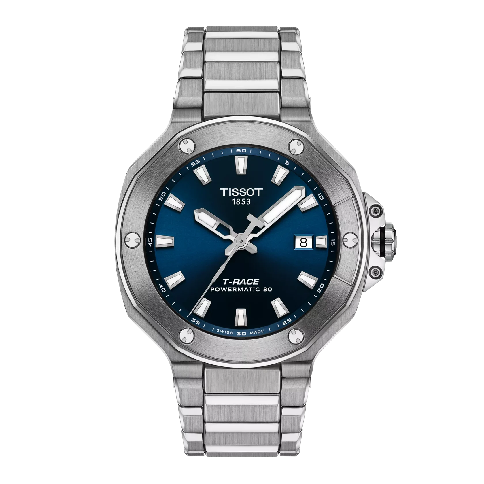 Tissot stainless steel watch with blue dial on a white background