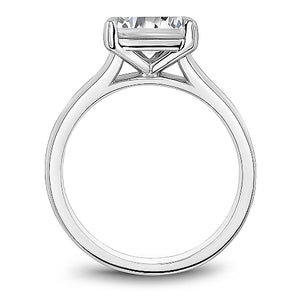 Profile view of 14K white gold engagement mounting with solitaire prong setting, cathedral gallery, and polished band on white background