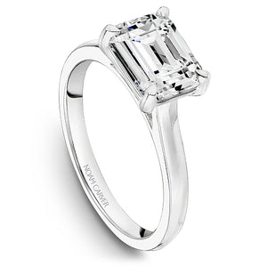 Three-quarter view of 14K white gold engagement mounting showing an emerald-cut four-prong solitaire setting on a white background
