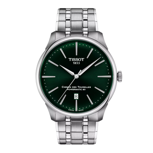 Front view of Tissot Chemin Des Tourelles 42mm watch showcasing green sunburst dial, date at 6 o'clock and stainless steel bracelet on white background