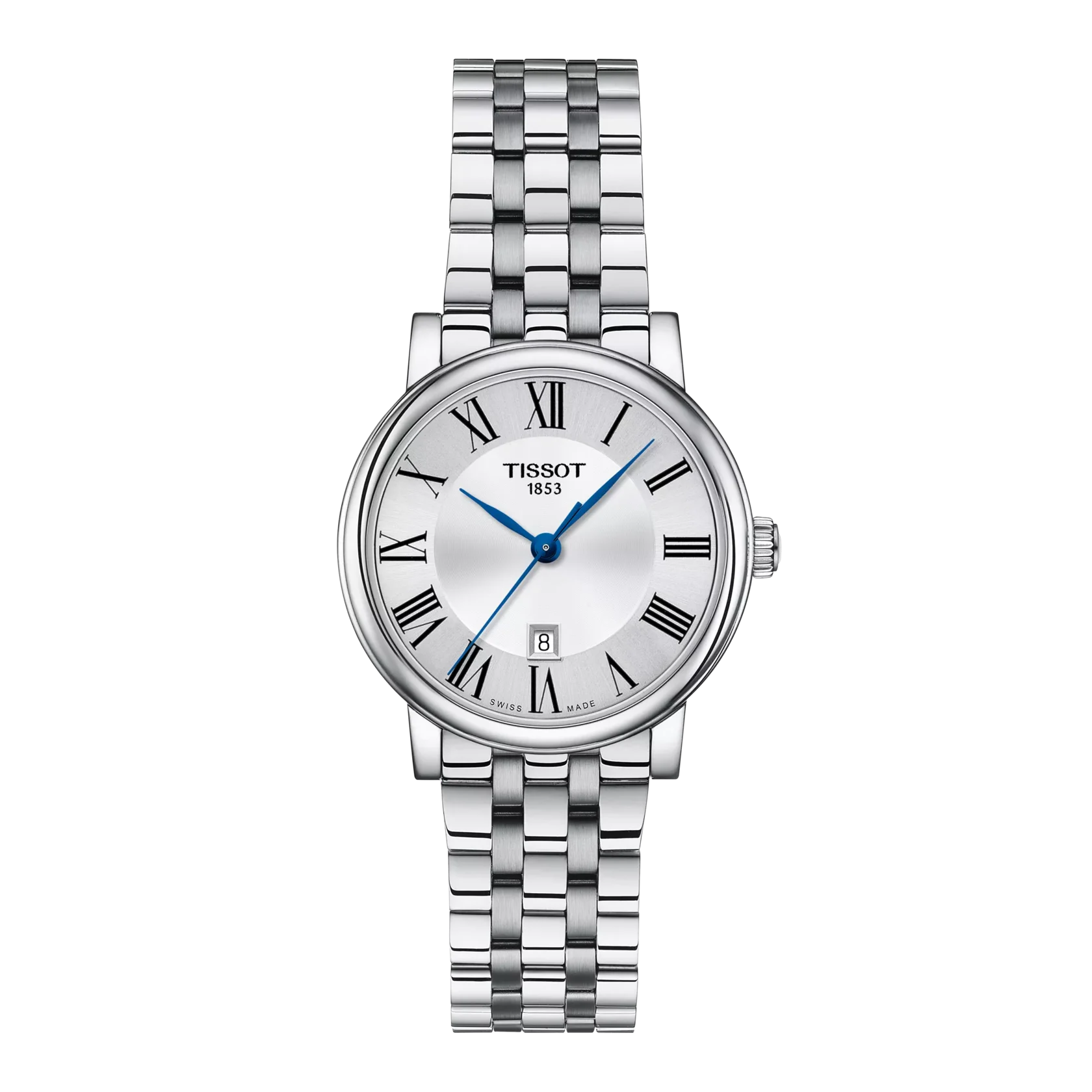 Silver Tissot watch with blue hands on a white background