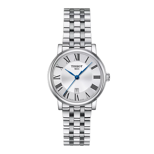 Silver Tissot watch with blue hands on a white background