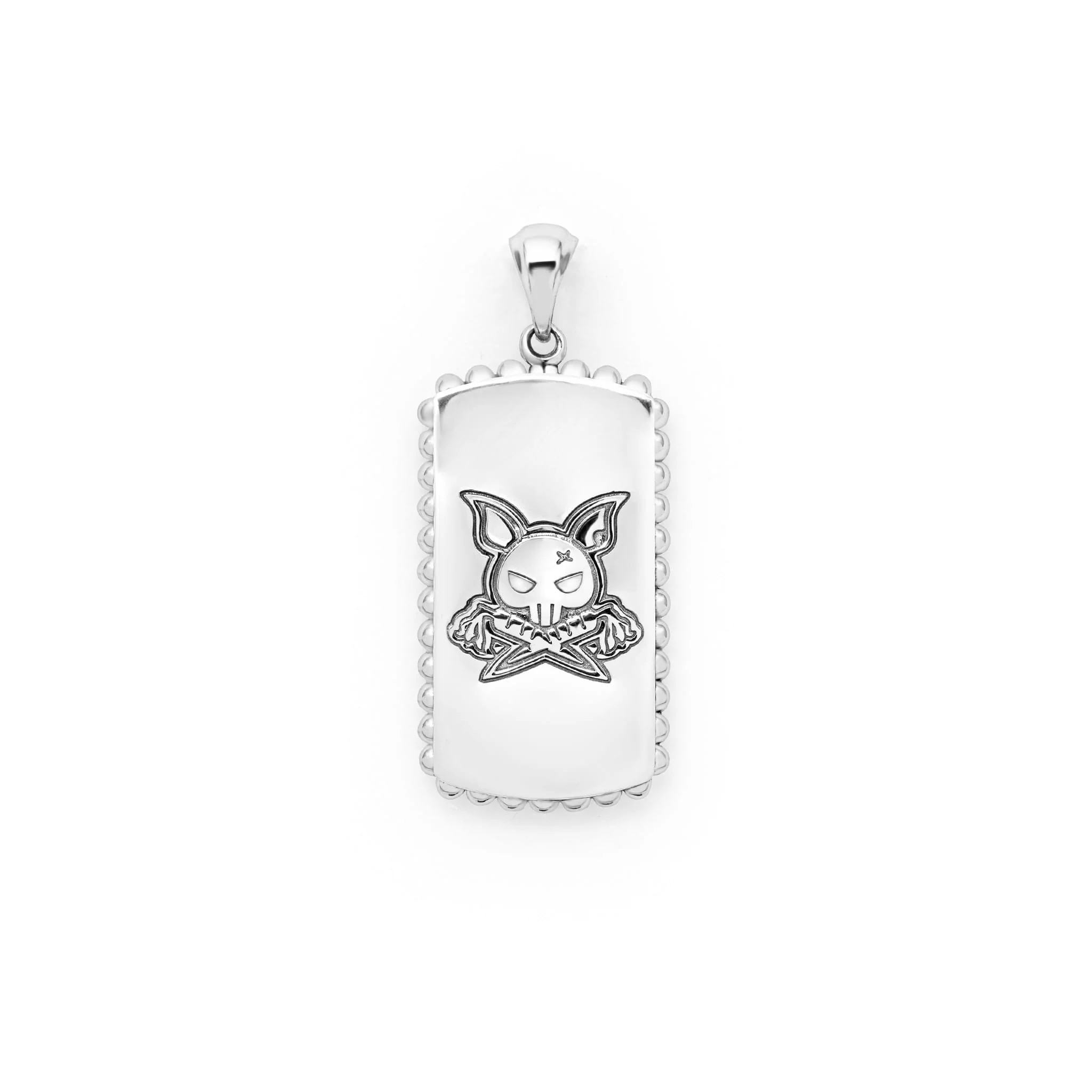 Rectangular silver tag pendant with scalloped edge, engraved stylized skull-faced rabbit and crossed bones