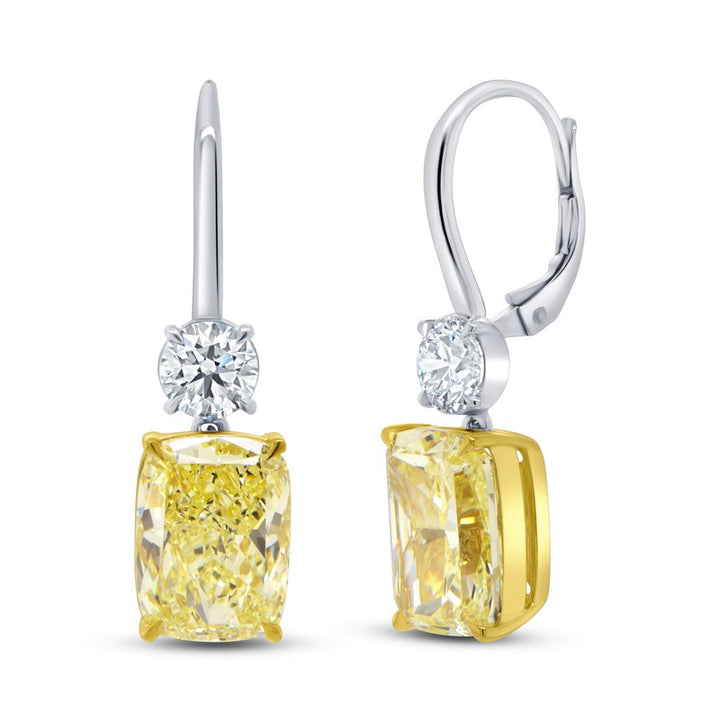 Cushion Cut Fancy Yellow Diamond Dangle Earrings