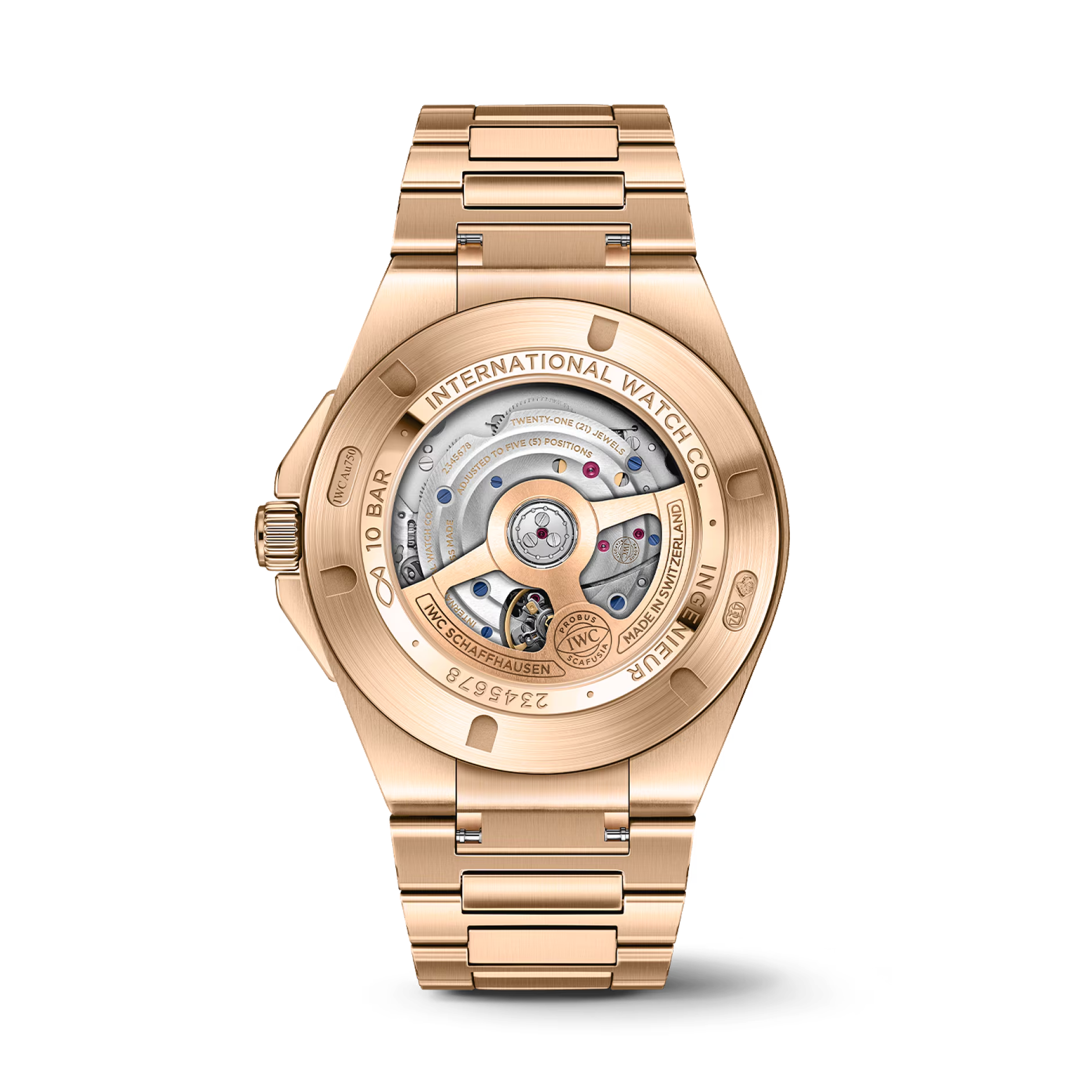 Rose-gold watch back with visible text: INTERNATIONAL WATCH CO; INGENIEUR; 10 BAR; IWC SCHAFFHAUSEN
