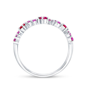 Top-down view of Princess Cut Ruby and Diamond ring showing a row of rubies and pink sapphires in a 14K white gold band on a white background