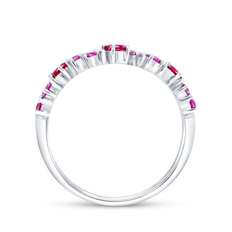 Top-down view of Princess Cut Ruby and Diamond ring showing a row of rubies and pink sapphires in a 14K white gold band on a white background
