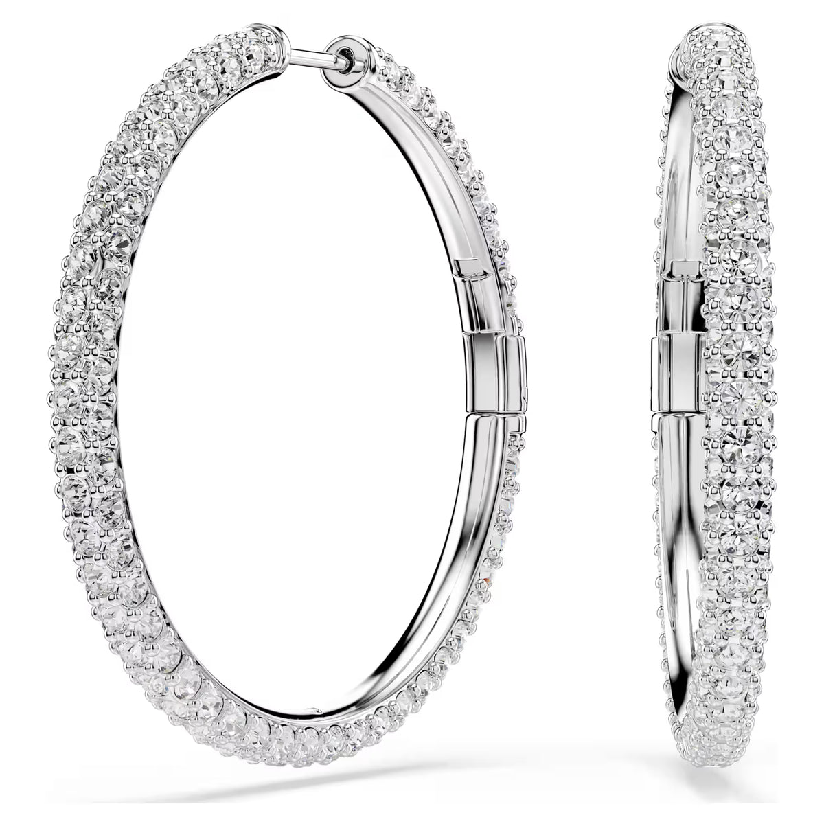 silver tone crystal hoops on a white background
