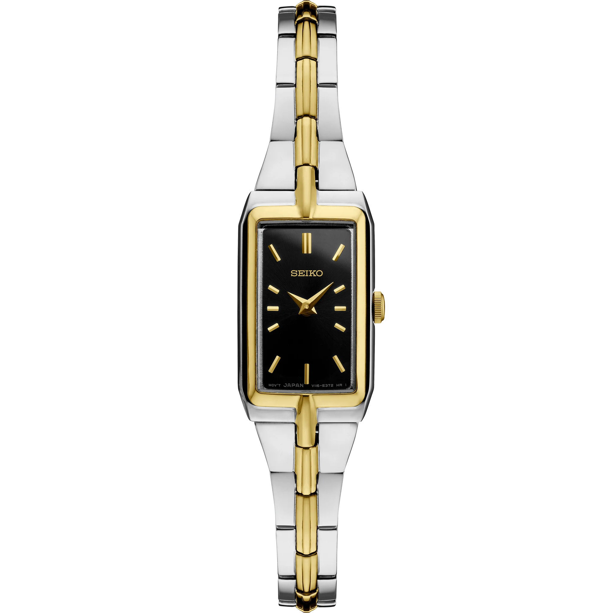 A Seiko women's watch with a rectangular black dial, gold-tone hands and markers, and a two-tone stainless steel and gold-tone link bracelet, shown on a plain white background.