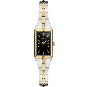 A Seiko women's watch with a rectangular black dial, gold-tone hands and markers, and a two-tone stainless steel and gold-tone link bracelet, shown on a plain white background.