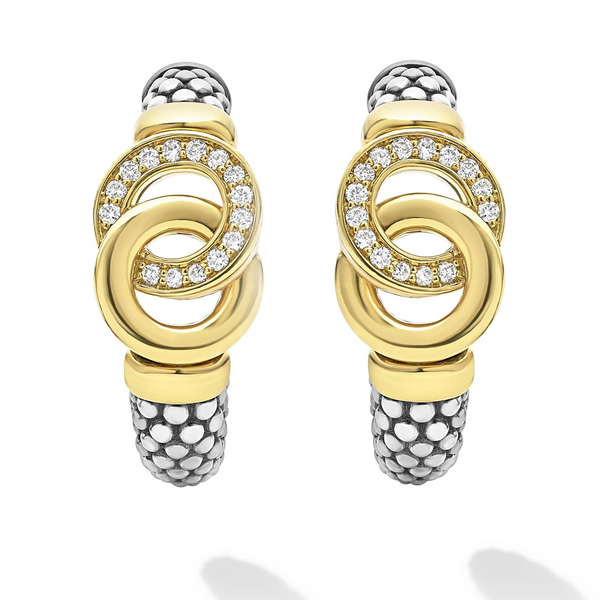 Two-Tone Interlocking Diamond Caviar Hoop Earrings