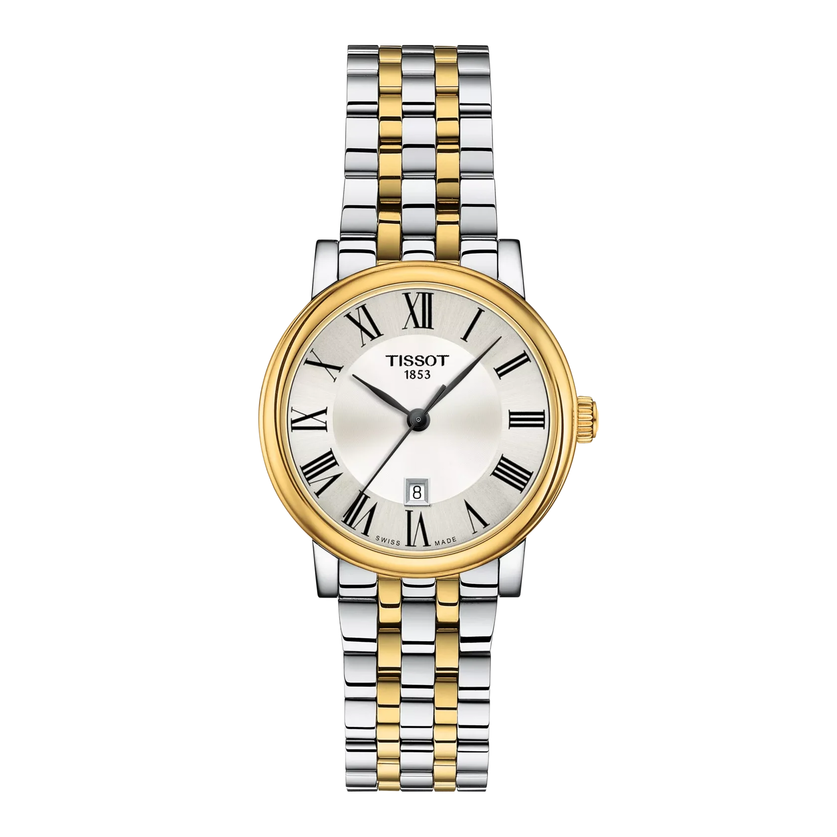 Two-tone Tissot watch with silver and gold band on a white background
