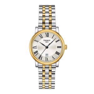 Two-tone Tissot watch with silver and gold band on a white background