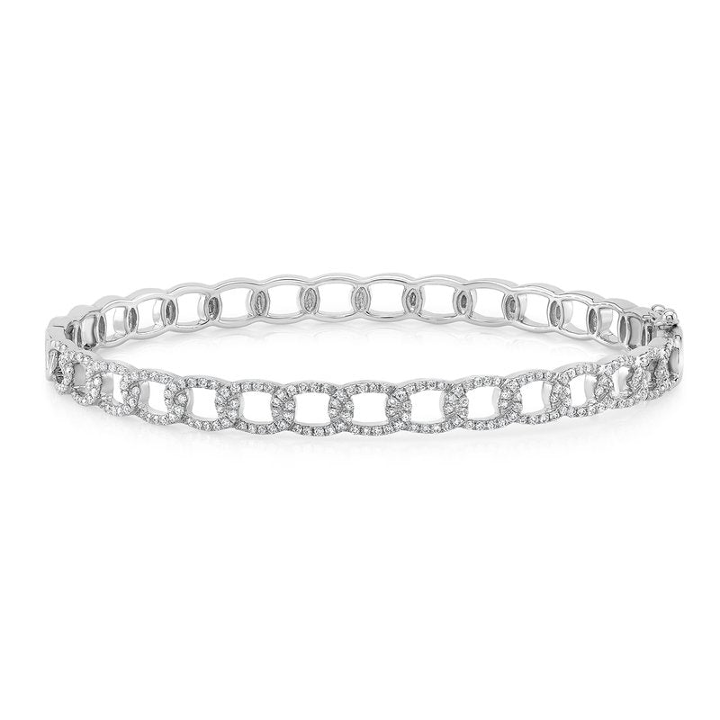 Front view of 14K white gold diamond bangle showcasing square-link pavé diamond design on a white background