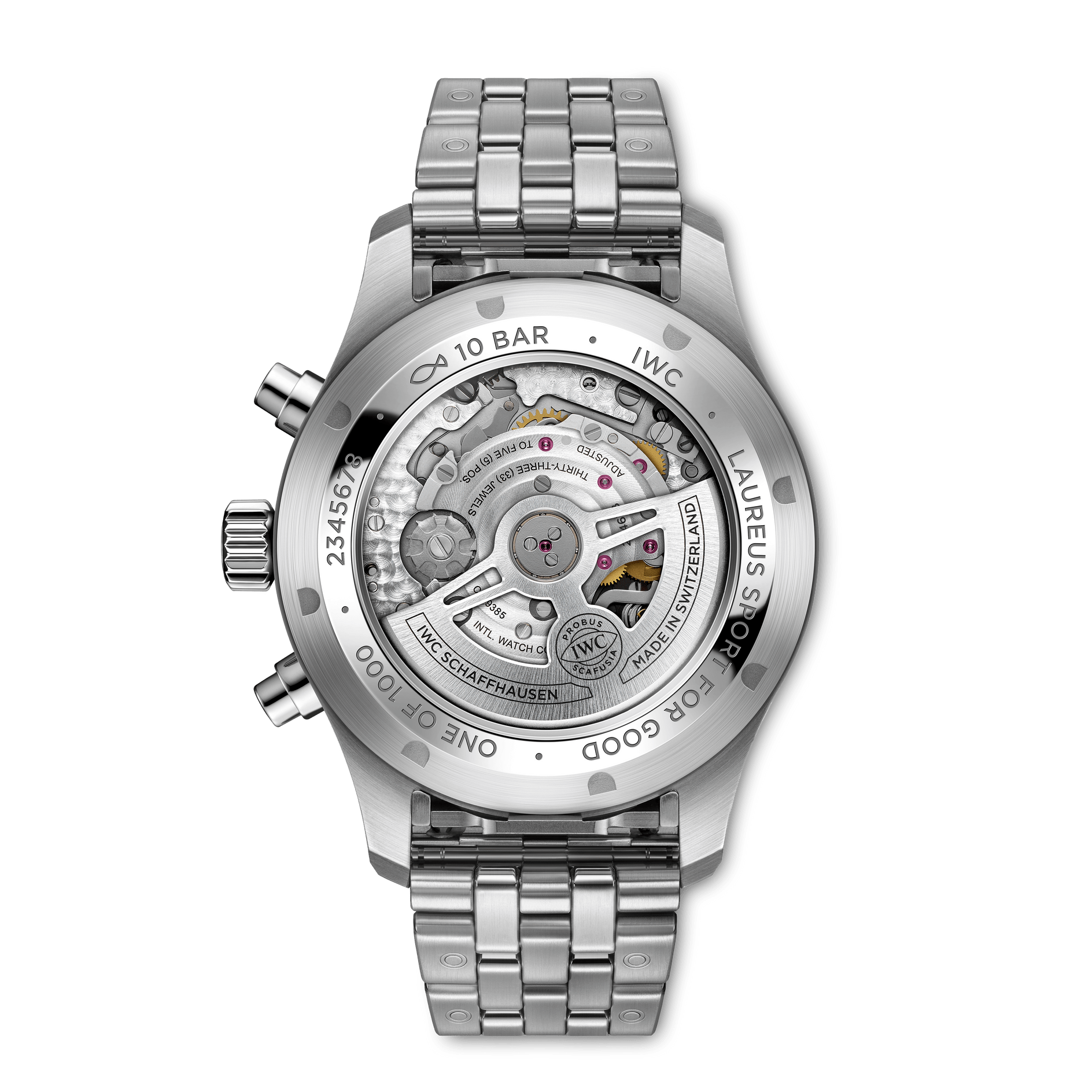 Silver watch with visible brand logos on a white background