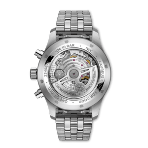 Silver watch with visible brand logos on a white background