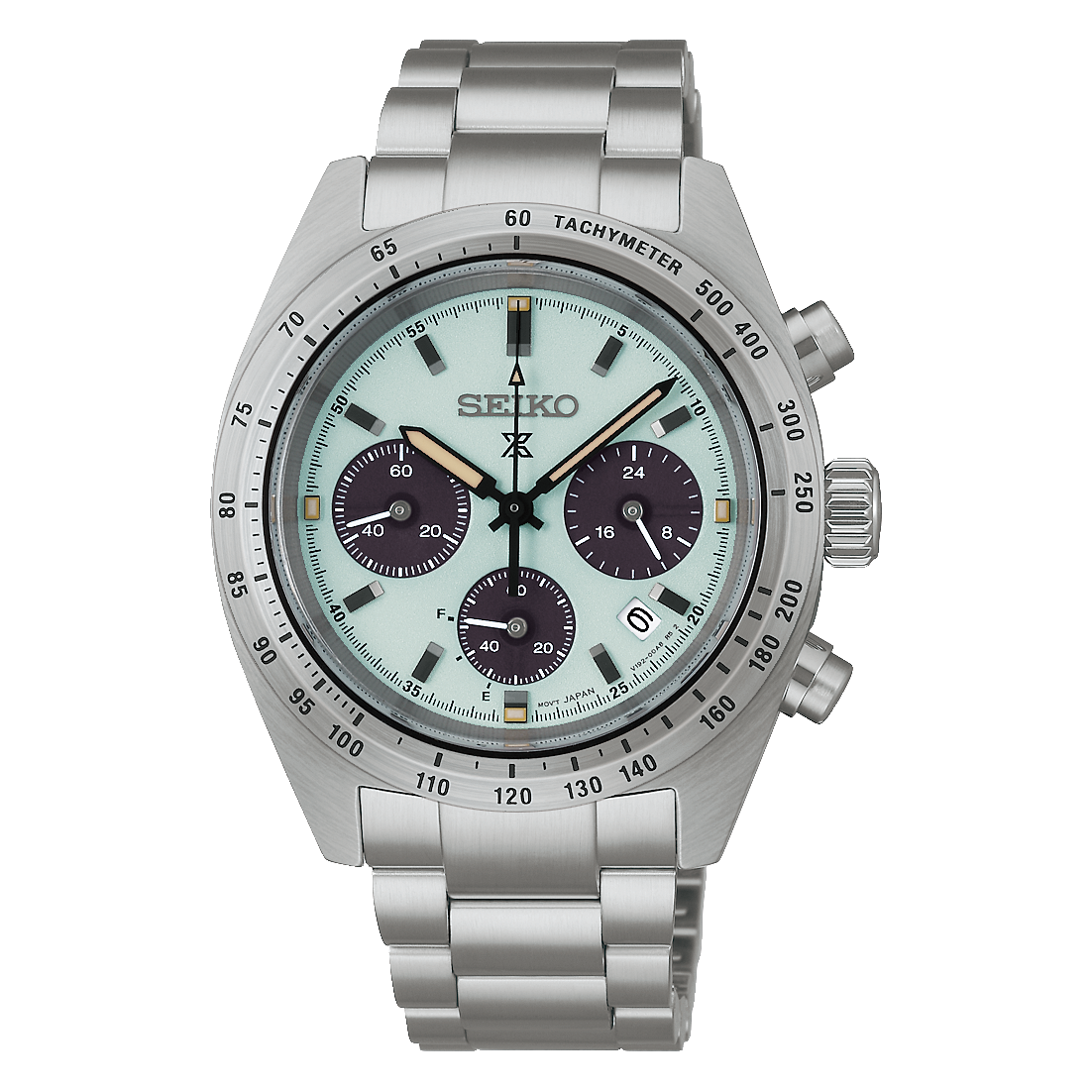 Stainless steel watch with a pale green dial on a white background