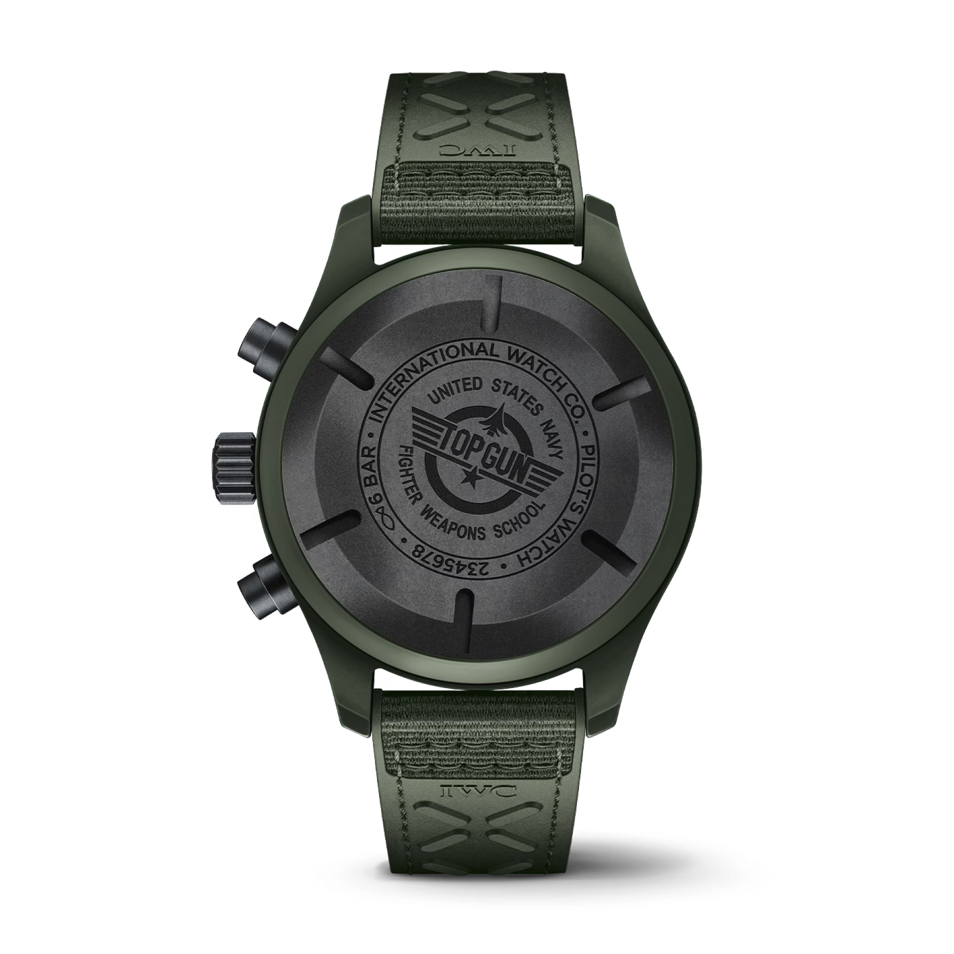 Green Pilot’s Watch back: INTERNATIONAL WATCH CO. UNITED STATES NAVY TOPGUN FIGHTER WEAPONS SCHOOL PILOT'S WATCH 6 BAR IWC