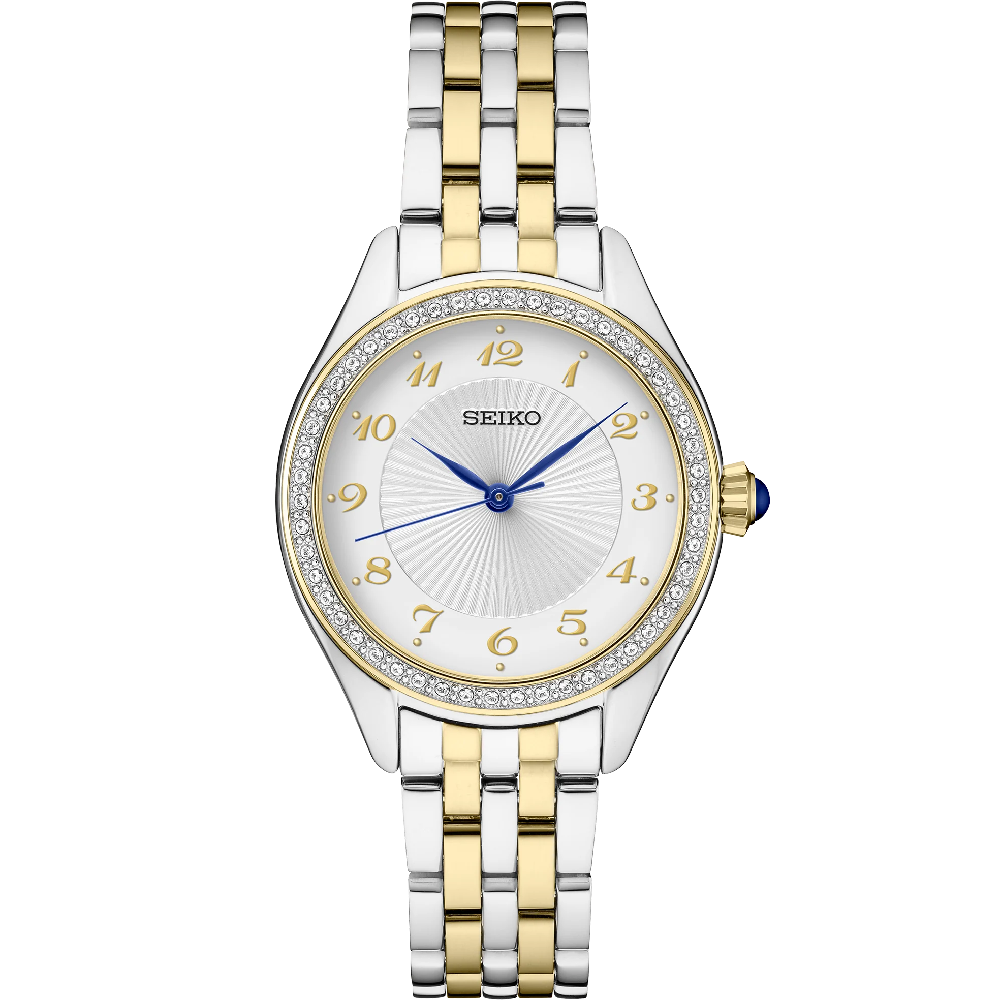 A Seiko women's two-tone stainless steel and gold-tone watch with a white sunburst dial, crystal-encrusted bezel, and blue hands, shown on a plain white background.