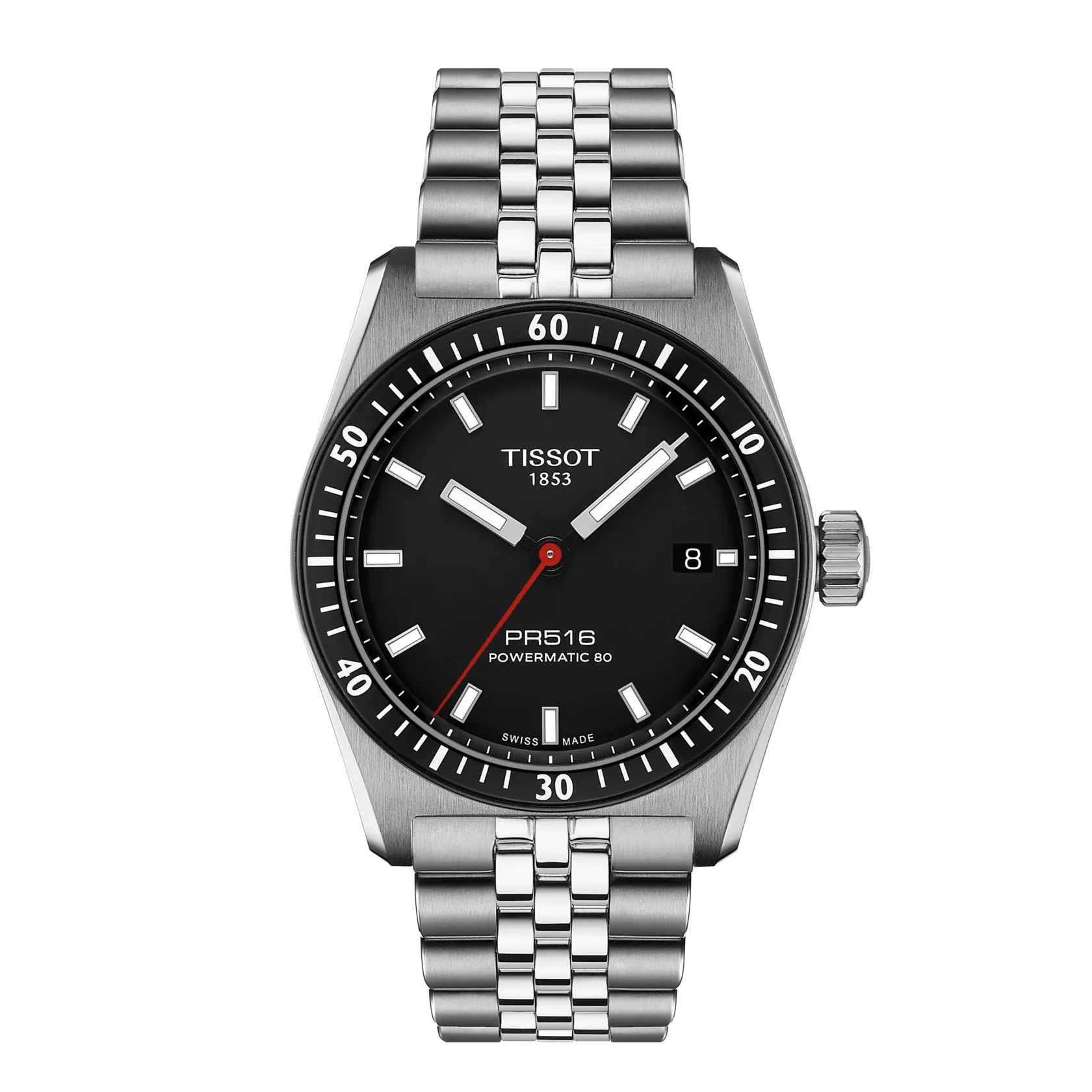 Silver Tissot watch with black dial on a white background