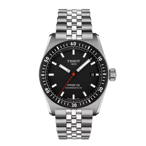 Silver Tissot watch with black dial on a white background
