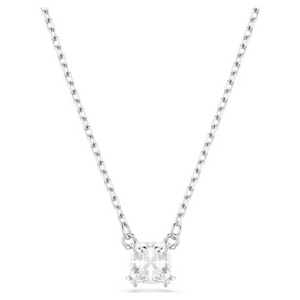 Front view of Stilla Attract Necklace, square pendant with square-cut Swarovski Zirconia on rhodium chain, white background