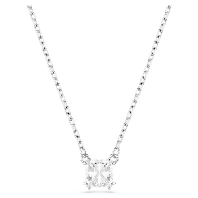 Front view of Stilla Attract Necklace, square pendant with square-cut Swarovski Zirconia on rhodium chain, white background