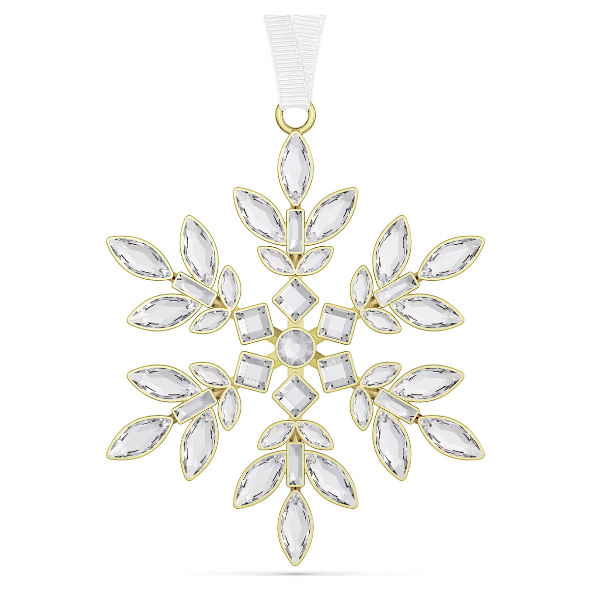 snow flake ornament set with individual crystals in a variety of different cuts, each placed within a champagne gold-tone plated setting.